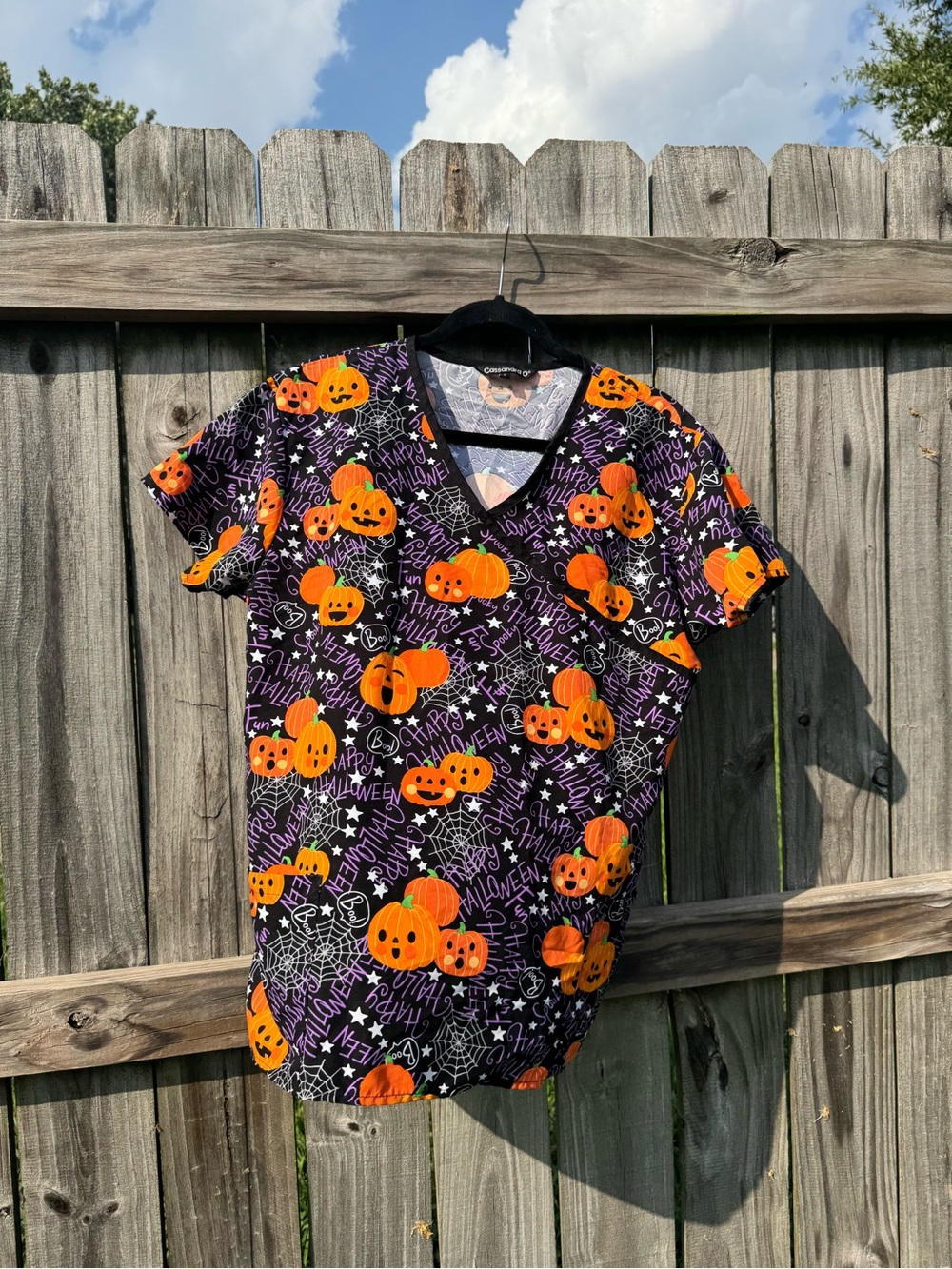 Halloween Pumpkin Print Short Sleeve V-Neck Top - Black & Orange